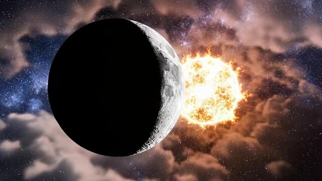 A celestial body eclipses the sun amidst a starry sky