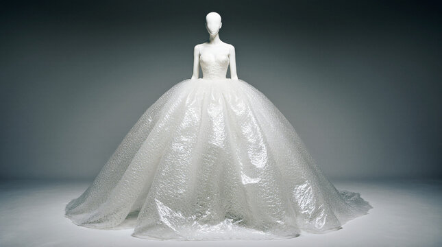 Elegant fashion mannequin wearing a voluminous ballgown made of bubble wrap - Surreal haute couture.