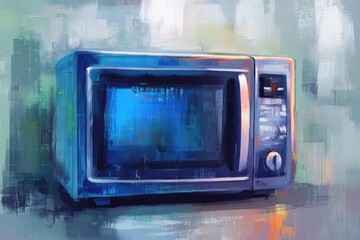 A Microwave Oven In Digital Painting Style With Soft Focus And Glowing Kitchen Light