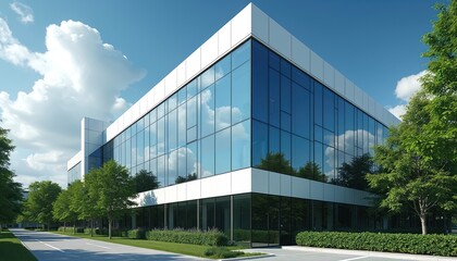 Modern office building with glass facade sits surrounded by green trees. Sunny day with blue skies and fluffy clouds. Reflective windows show sky and trees. Clean corporate architecture.