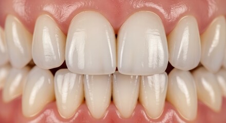 Close-up of a set of healthy, straight white teeth, showcasing oral hygiene and dental care.