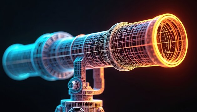 Wireframe telescope glows neon blue and orange. This science equipment is digital art. Explore universe stars through optical instrument lens.