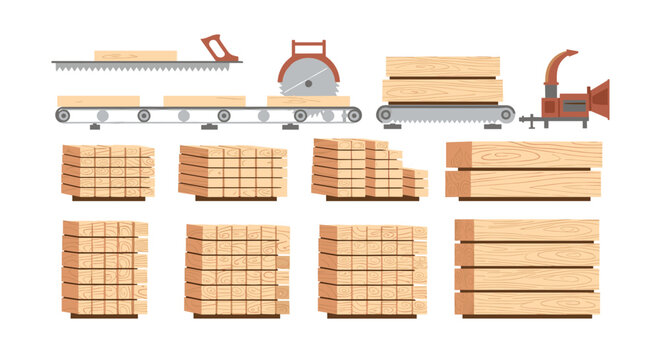 Set of industrial icons showing lumber processing stages including conveyor belts circular saws wood chippers and stacks of timber planks against a white background.