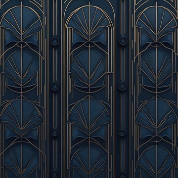 Dark blue geometric pattern with gold lines in art deco style. Symmetrical design repeats with fan shapes and vertical elements. Elegant, luxurious, vintage.