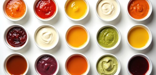Fototapeta premium Fifteen small bowls with colorful sauces and dips arranged in a grid. Variety of flavors including red orange yellow green and white for any meal. Tasty condiments ready for use.