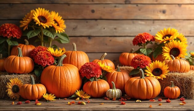 Harvest scene with pumpkins sunflowers and mums flowers. Gourds and hay bales create rustic autumnal decoration. Wooden background sets scene for fall celebration.