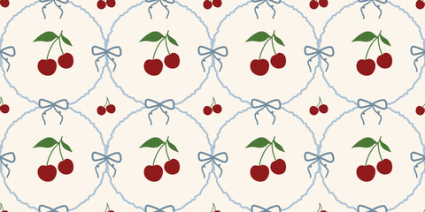 Coquette Cherry and Bow Seamless Pattern. Cute Ribbon Vintage Girly Aesthetic Background. Perfect for Textile, Fabric, Wrapping Paper, Wallpaper, Decor