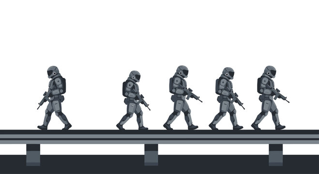 Five futuristic troopers in dark grey gear walk in a line across a dark platform against a white background.