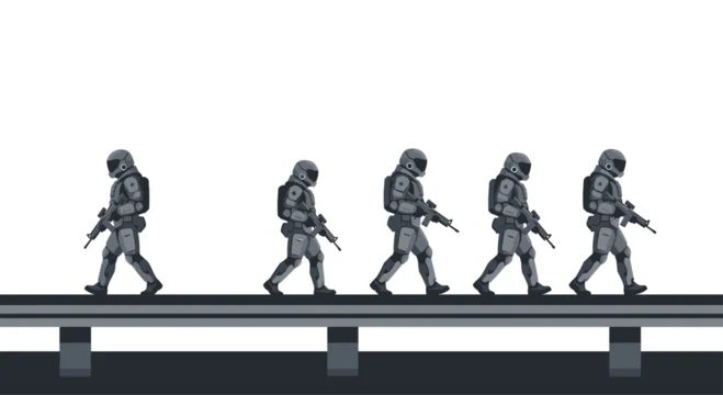 Five futuristic troopers in dark grey gear walk in a line across a dark platform against a white background.