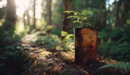 Sapling in Rusty Can - Forest Rebirth, Hopeful Growth, Sunlight.