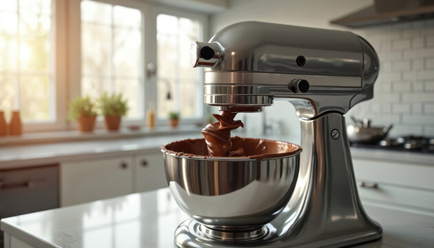 Silver stand mixer blends thick chocolate batter in metal bowl. Kitchen appliance makes sweet dessert dough. Home baker prepares cake or cookies. Modern cooking gadget mixes ingredients.