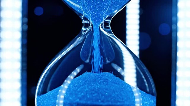 A close-up of a glowing blue hourglass with sand flowing from the top to the bottom, set against a dark background with bright vertical lines