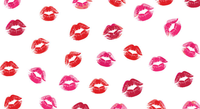 A dense pattern of red and pink lip print marks with detailed skin textures scattered across a white background.