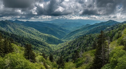 Fototapeta premium Smoky Mountain Majesty - Verdant Valleys Under Dramatic Skies.