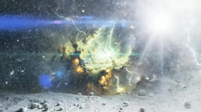 A dramatic, apocalyptic scene with a bright light and intense, swirling clouds of smoke and debris