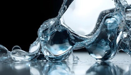 Abstract liquid glass shapes, transparent reflections, dark background