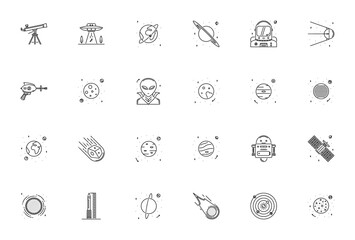 Space icon set. Vector illustration of astronomy symbols including telescope, astronaut, planets, rocket, ufo, satellite and solar system objects. © wang