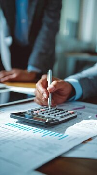 Dedicated business professional meticulously reviews financial reports and performs essential calculations, ensuring accuracy for strategic planning and robust company performance