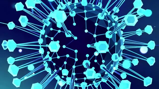 Abstract 3D representation of a virus or molecule with glowing blue geometric shapes and connecting lines against a dark background.
