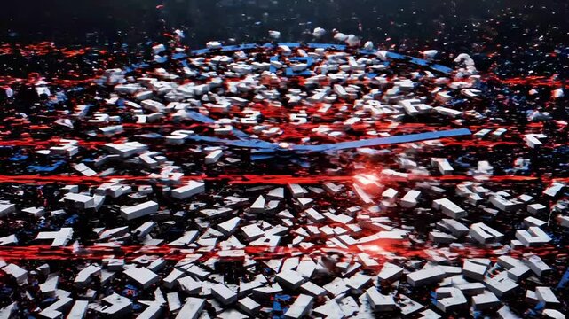 A blue clock face lies on the ground amidst a sea of broken white and red glass or crystal shards