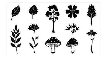 Collection of various black silhouette botanical illustrations