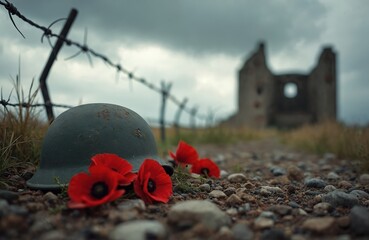 Obraz premium Military helmet and red poppies rest on rocky ground near barbed wire fence. Crumbling building ruins stand against a cloudy sky symbolizing war loss remembrance and peace.