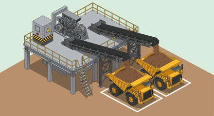 Industrial mining equipment with dump trucks loading materials. © Truk