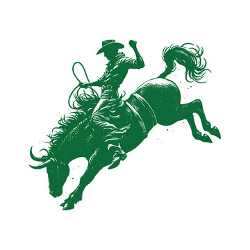A cowboy rides a bucking bronco in a rodeo Silhouette on white background.