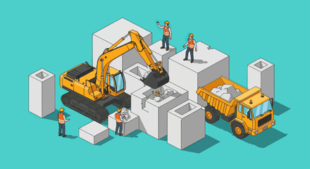 Isometric Construction Site with Excavator, Dump Truck, and Workers.