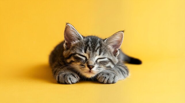 Gray tabby kitten lying with soft fur and relaxed pose