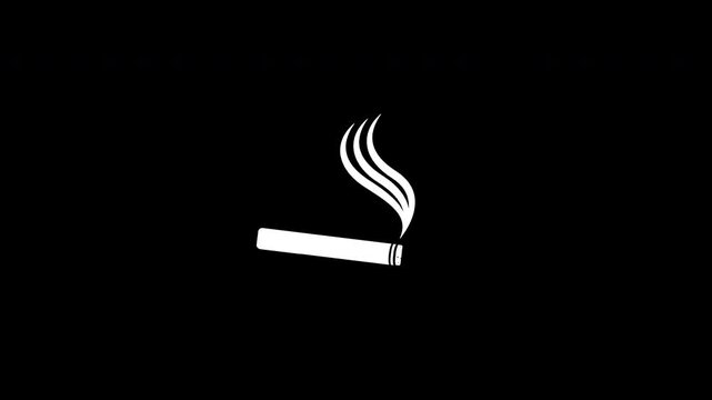 Alpha channel smoking prohibited motion video with white cigarette, ash, smoke. No smoking vector motion animation 4k video. No cigarette warning video with red ban sign.