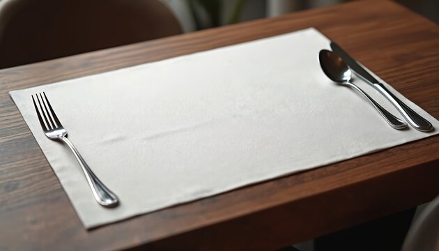 Blank white placemat on wood table with fork knife and spoon. Clean minimal table setting for meal. Use for restaurant menu or branding mockups.