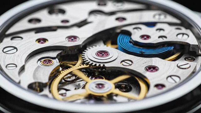 A close-up view of a mechanical watch's inner workings showcasing a blue spiral component surrounded by silver metal and gold wires