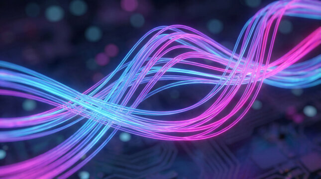 Glowing fiber optic cables on circuit board background. High speed internet and digital data connection concept