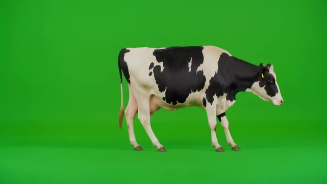Holstein Friesian Dairy Cow Walking in Place on Green Screen Background for Compositing and Livestock Farming Education