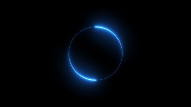 A glowing blue neon circle with a slight gap on the right side against a black background representing a portal energy field or cyclical progress in an abstract