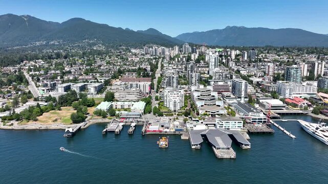 Drone Sideways Pan of North Vancouver Waterfront, Vancouver British Columbia Canada