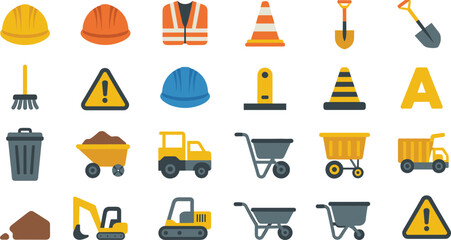 Construction safety and building equipment icons set vector illustration with helmets, cones, machinery and warning symbols collection © SREECHNA