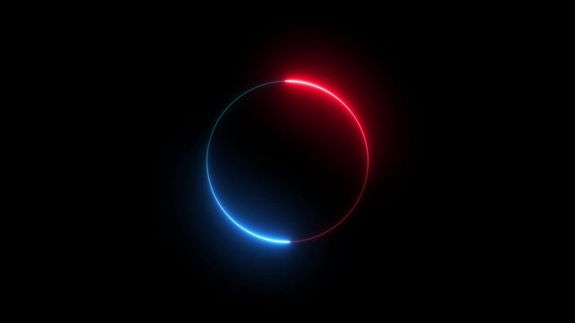 A minimalist abstract dark background featuring a glowing neon circle divided into two halves one vibrant red and the other electric blue creating a striking visual contrast against the deep black