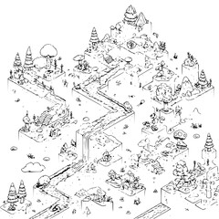 Obraz premium Fantasy Cityscape with Various Buildings and Characters in Black and White Line Art