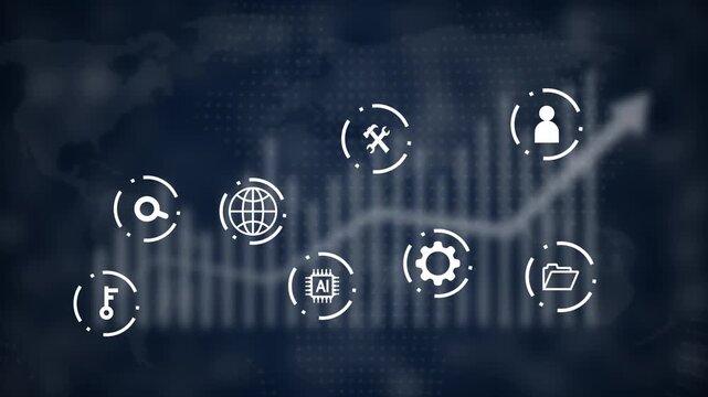 A digital interface displaying a map with a blurred financial graph in the background and a series of white technology including AI search globe wrench gear and folder
