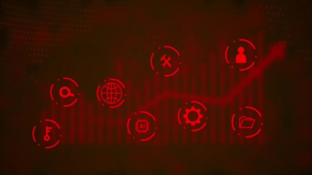 A dark red digital interface with a blurred financial graph and a map overlayed by glowing red technology representing AI search globe wrench gear and folder