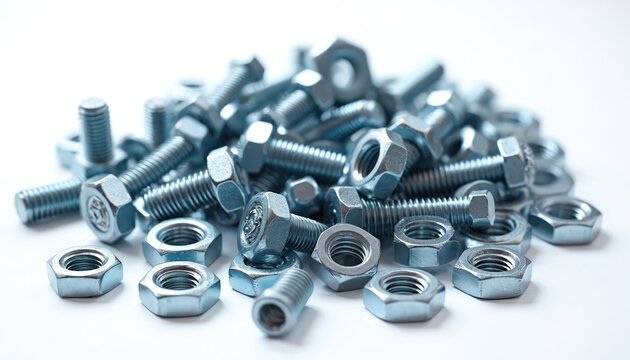 Heap of metal bolts and nuts. Shiny hardware screws and washers pile. Construction fasteners isolated on white background. Industrial steel elements for repair and building.
