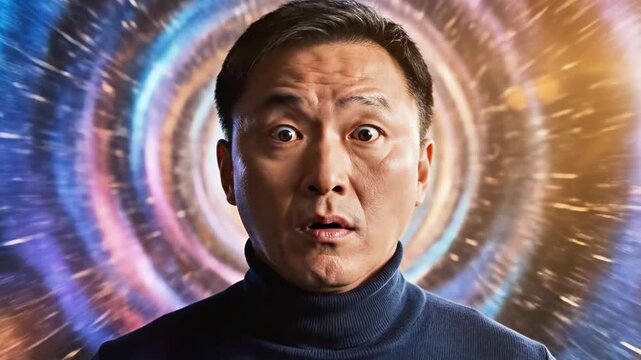 A man with a surprised expression stands against a vibrant, swirling background