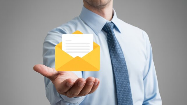 A professional man in a light blue shirt and tie presents a yellow email message icon on his open palm in a brightly lit studio