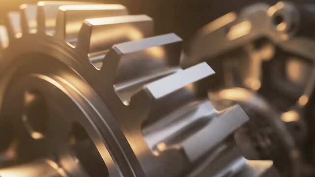 Close-up of interlocking metallic gears with sunlight reflecting on their surfaces
