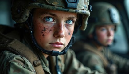 Obraz premium Young soldier gazes intensely, dirt smudges on face, wearing helmet inside aircraft. Another soldier blurred in background. Prepared for combat duty.
