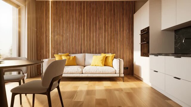Modern kitchen and living area interior