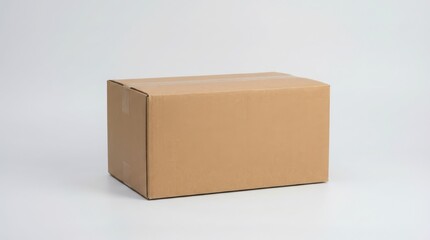 Medium brown cardboard box sitting on a plain white surface