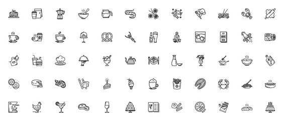 Food & Drinks icon set. Vector illustration pack with lasagna, sushi, coffee, cake, burger, chef, wine and more culinary symbols. Editable stroke.